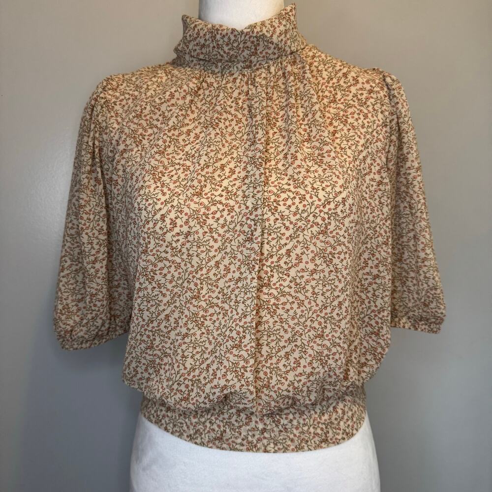 Anthropologie Sadie & Sage beige floral mock neck blouse